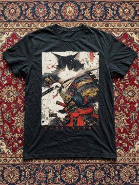 Samurai Cat Warrior Graphic T-Shirt Unisex Y2K Japanese Art Streetwear Gift NWT